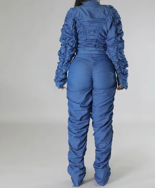 Women Fashion Ruched Zip Up Full Sleeve Two Piece Blue Pant Set