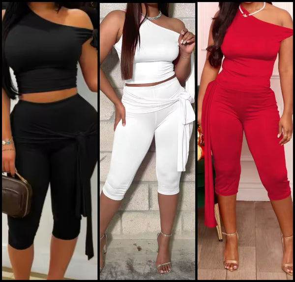Women Sexy Solid Color Tassel Sleeveless Two Piece Capri Pant Set