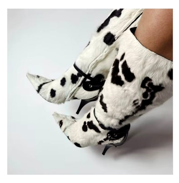 Women Fashion Pointed Toe Animal Print Faux Fur Boots