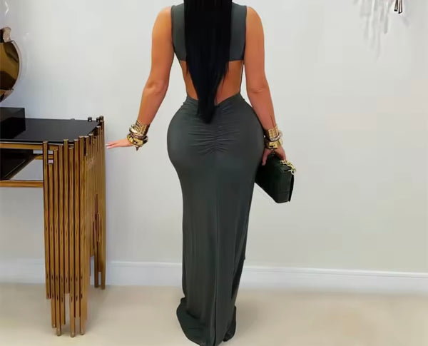 Women Sexy Sleeveless Open Back Metal Tassel Maxi Dress