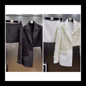 Women Fashion Asymmetrical Beaded Blazer Two Piece Skirt Set