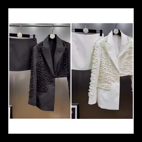 Women Fashion Asymmetrical Beaded Blazer Two Piece Skirt Set
