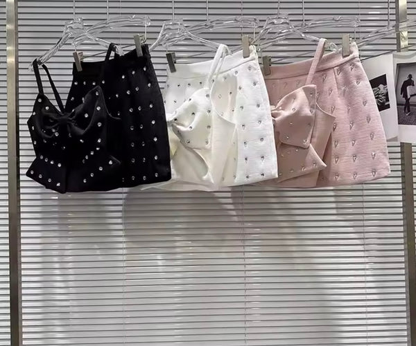Women Sexy Sleeveless Bow Crop Two Piece Rhinestone Skirt Set