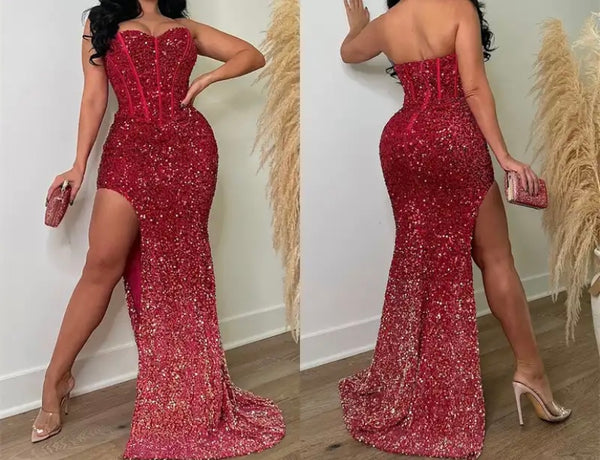 Women Sexy Strapless Sequins Side Split Maxi Dress