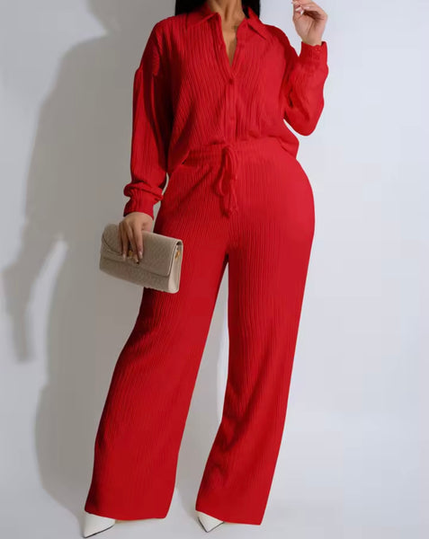 Women Button Up Ribbed Full Sleeve Two Piece Pant Set