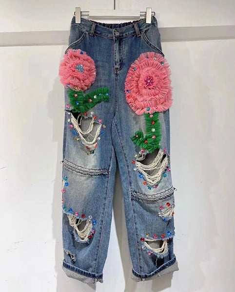 Women Fashion Ripped Tulle Gem Denim Pants