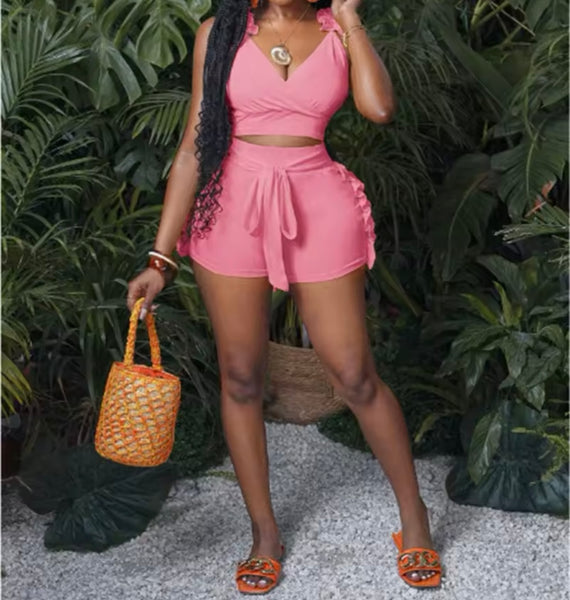 Women Solid Color Sleeveless Ruffled Two Piece Short Set