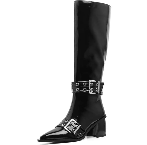 Women Fashion Pointed Toe Buckled Flat Knee High Boots