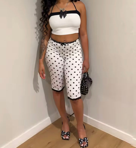 Women Sleeveless B&W Polka Dot Crop Tank Two Piece Capri Pant Set