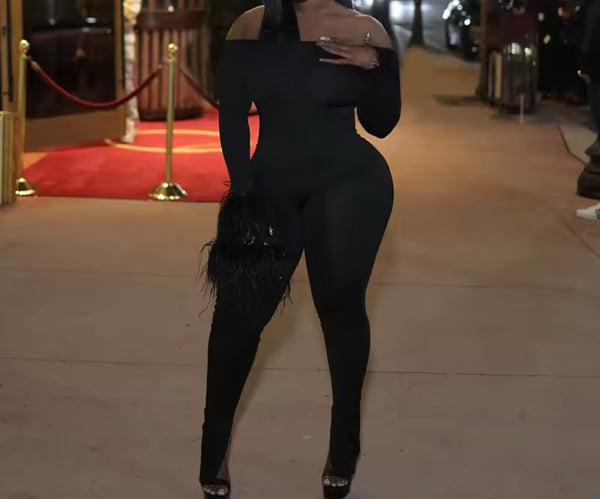 Women Off The Shoulder Feather Full Sleeve Fashion Jumpsuit