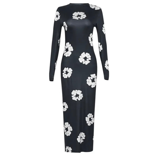 Women Sexy Black Floral Print Full Sleeve Maxi Dress
