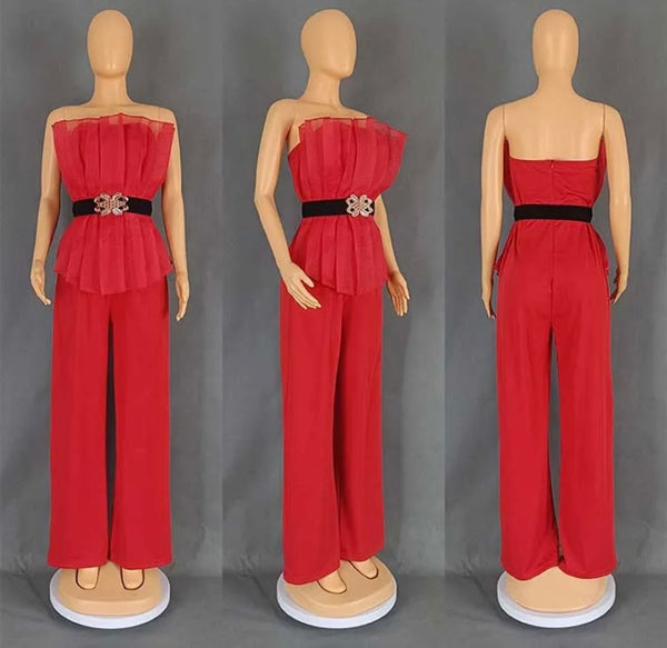 Women Sexy Pleated Strapless Color Jumpsuit