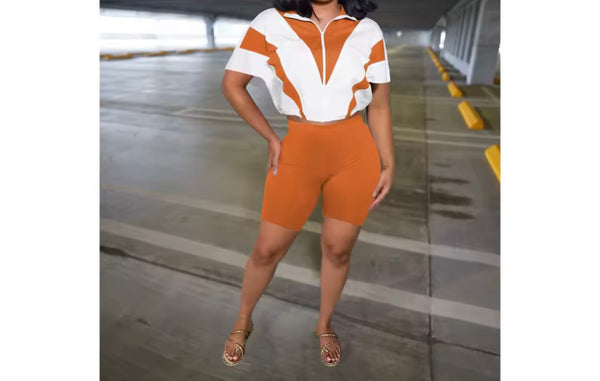 Women Fashion Color Patchwork Zip Up Short Sleeve Two Piece Short Set