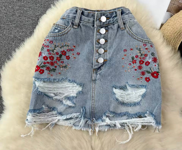 Women Fashion Embroidered Floral Ripped Denim Skirt