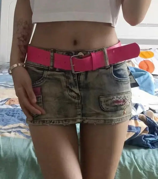 Women Sexy Short Belted Color Patchwork Denim Skirt