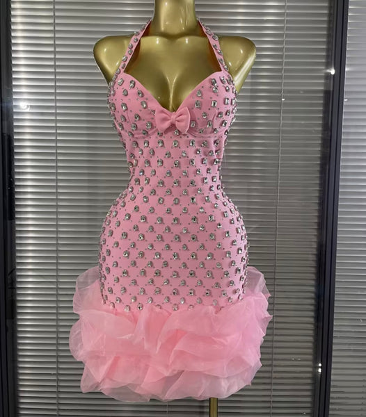 Women Sexy Halter Sleeveless Rhinestone Ruffle Dress
