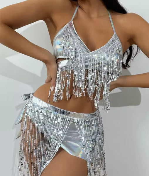 Women Sexy Metallic Sequins Bikini Cover Up Set