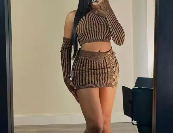 Women Sexy Brown Striped Button Two Piece Skirt Set