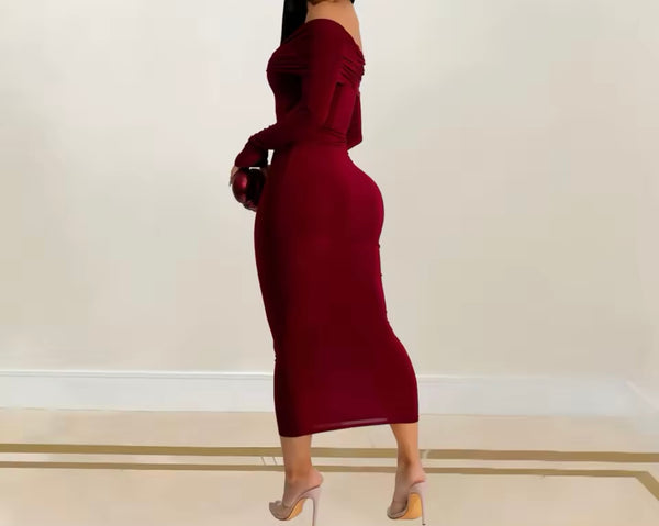 Women Sexy Solid Color Off The Shoulder Full Sleeve Maxi Dress