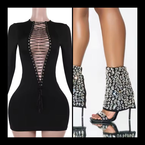 Women Sexy Open Lace Up Black Full Sleeve Short/Maxi Dress