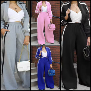 Women Fashion Striped Zip Up Tracksuit Two Piece Pant Set