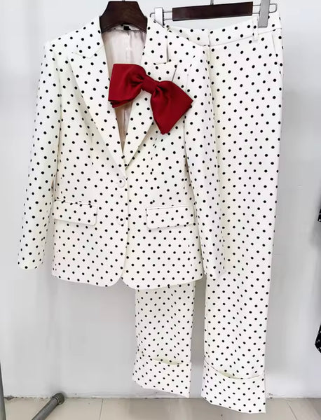 Women Fashion Bow Button Up Polka Dot Blazer Two Piece Pant Set