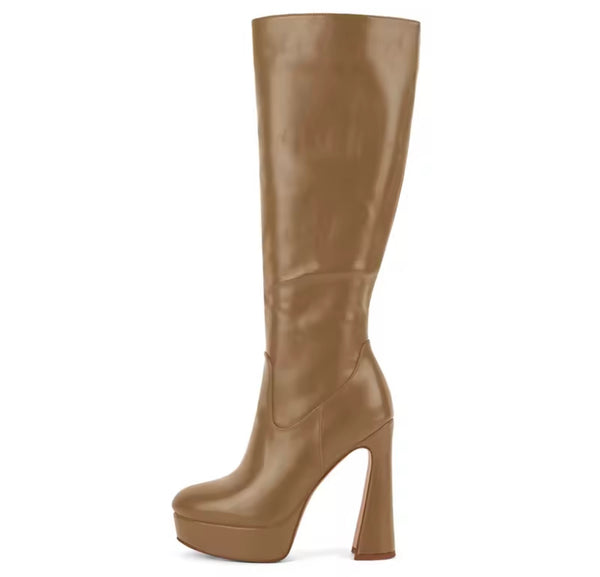 Women Color Platform High Heel Faux Leather Knee Length Boots