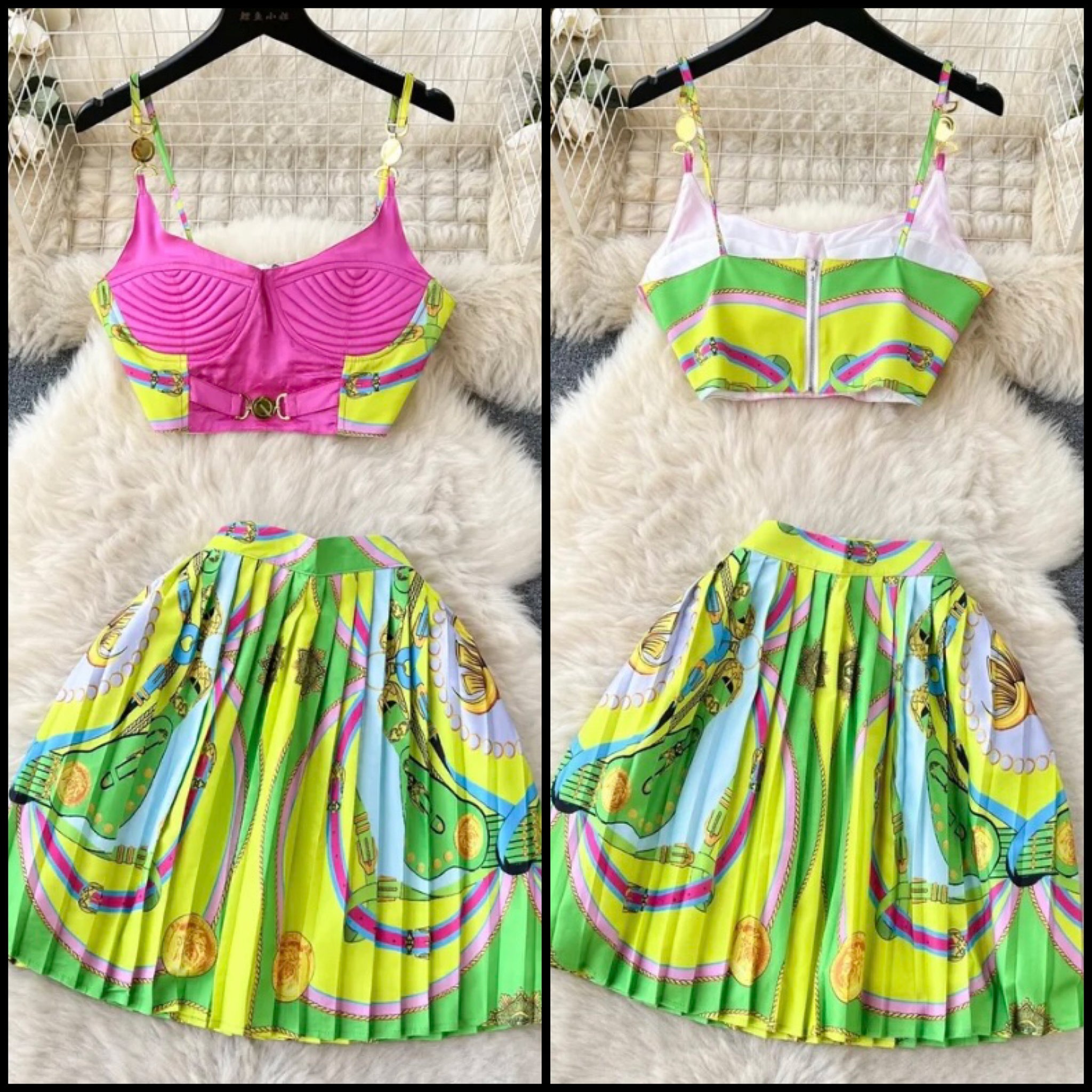 Women Sexy Sleeveless Two Piece Multicolored Print Skirt Set