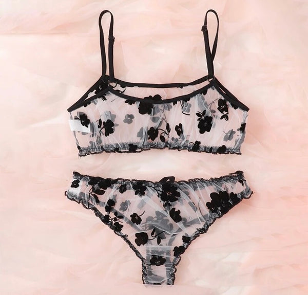 Women Sexy B&W Floral Mesh Lingerie Set