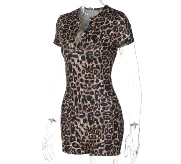 Women Sexy V-Neck Leopard Print Short Sleeve Romper