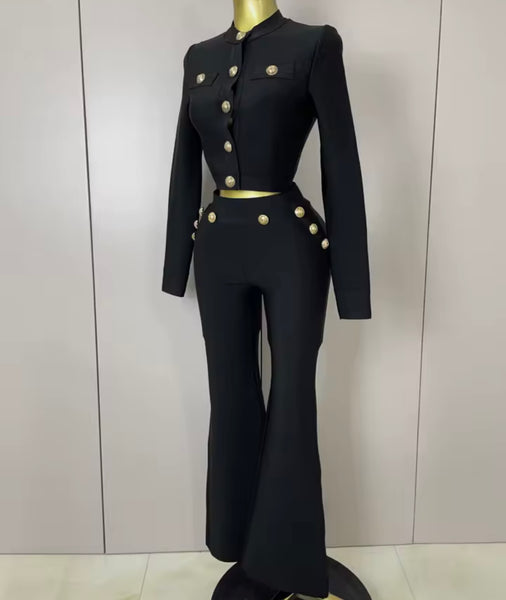 Women Black Gold Button Full Sleeve Two Piece Pant Set