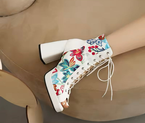 Women Fashion Open Toe Floral Lace Up Ankle Boots