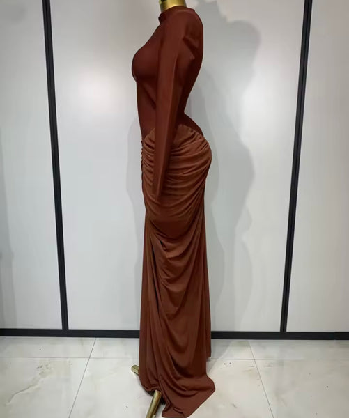 Women Sexy Solid Color Ruched Full Sleeve Maxi Dress