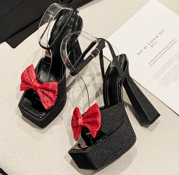 Women Fashion Denim Bow Platform Ankle Strap Sandals