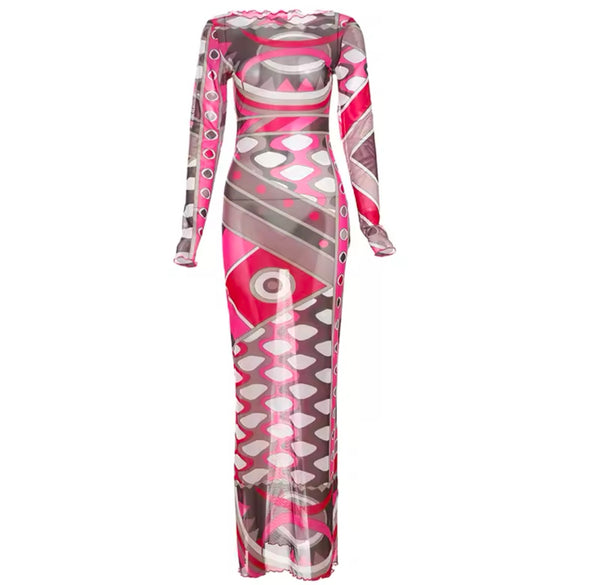 Women Sexy Multicolored Print Full Sleeve Mesh Maxi Dress