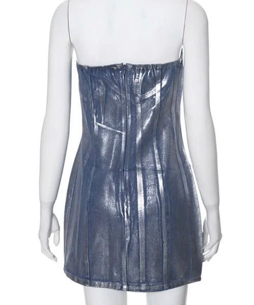 Women Sexy Fashion Strapless Metallic Denim Dress