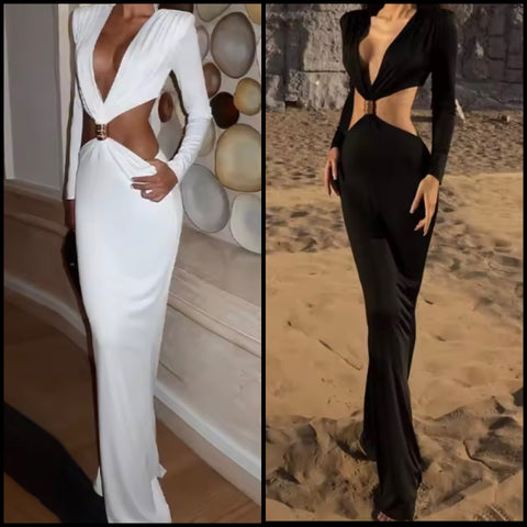 Women Sexy Solid Color Hollow Out Full Sleeve Maxi Dress