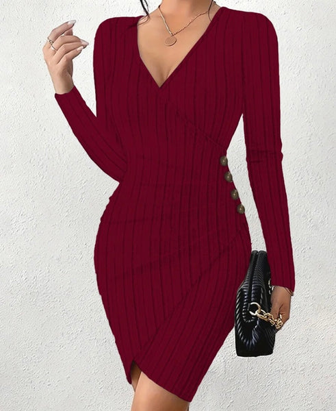 Women Sexy V-Neck Ribbed Button Full Sleeve Dress