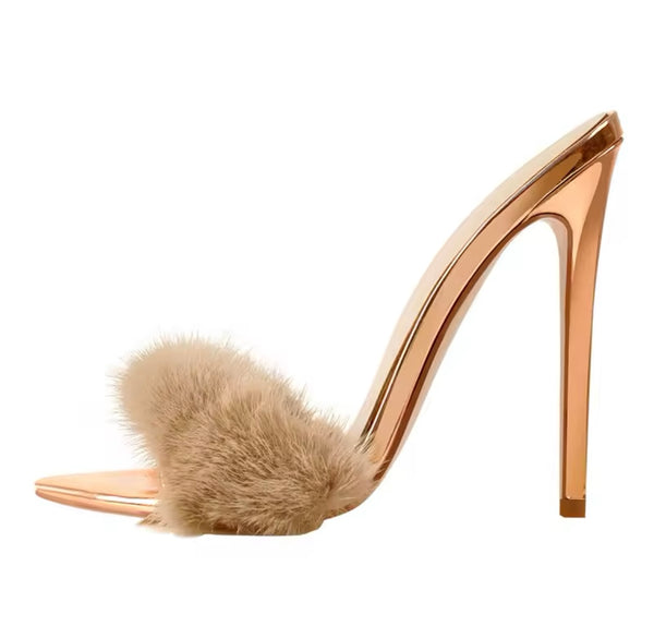 Women Color Open Pointed Toe Fashion Faux Fur High Heel Sandals