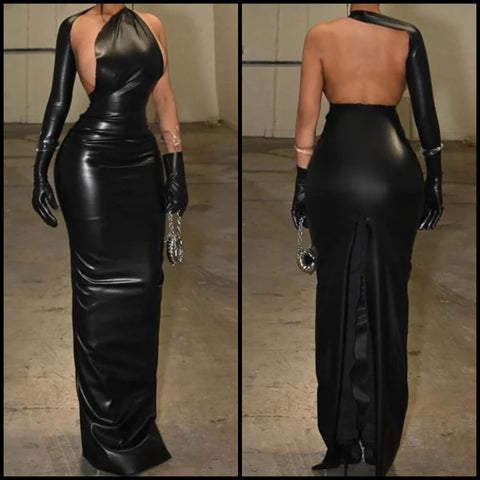 Women Black Sexy Open Back One Shoulder Glove Maxi Dress