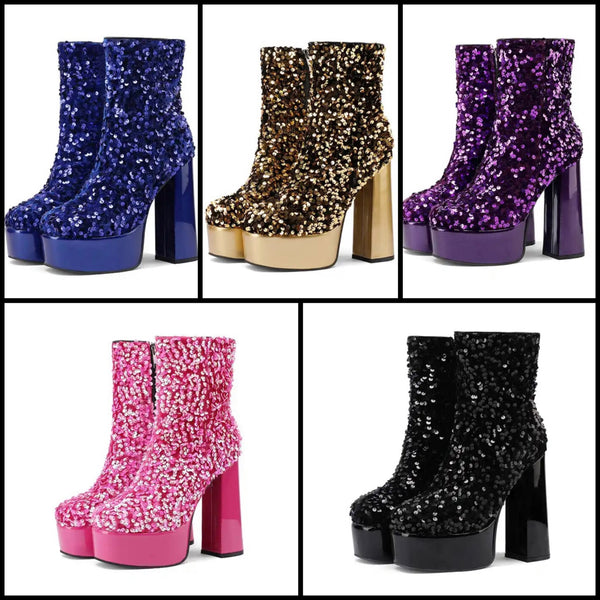 Women Platform Sequins Fashion Ankle Boots