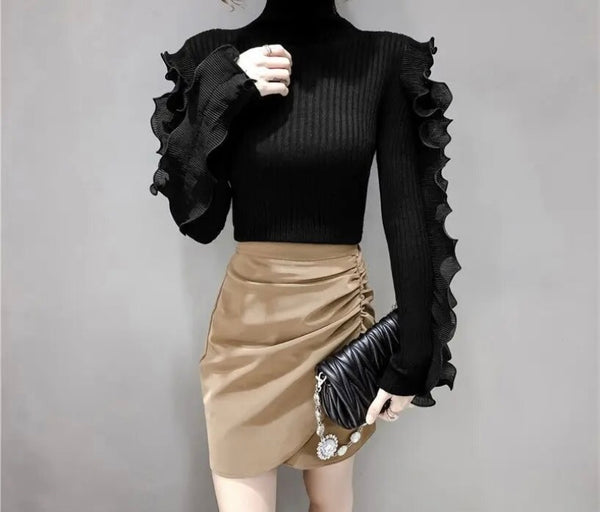 Women Fashion Turtleneck Ruffled Full Sleeve Ribbed Top