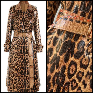 Women Fashion PU Leopard Print Belted Trench Jacket