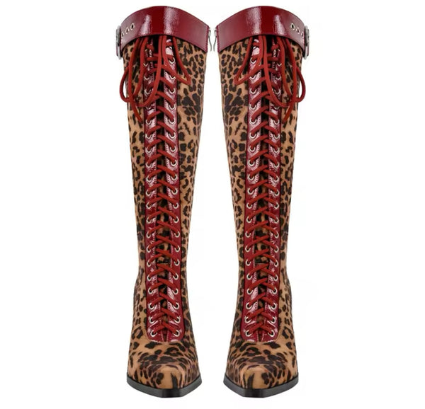 Women Fashion Leopard Suede PU Buckled Knee High Boots