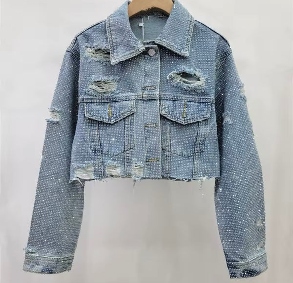 Women Fashion Ripped Bling Denim Jacket Two Piece Short Set