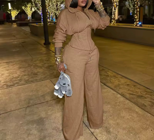 Women Fashion Hooded Corset Tracksuit Two Piece Pant Set