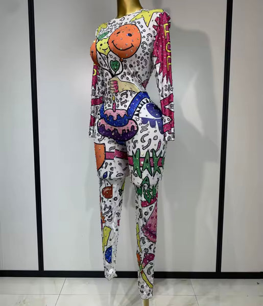 Women White Printed Rhinestone Full Sleeve Fashion Jumpsuit