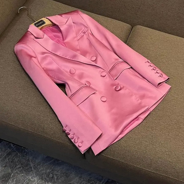 Women Sexy Satin Pink Three Piece Blazer Skirt Set