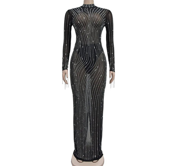 Women Sexy Mesh Bling Full Sleeve Maxi Dress