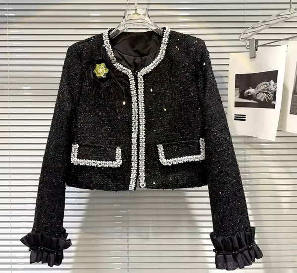 Women Black Sexy Sequins Bling Blazer Two Piece Skirt Set